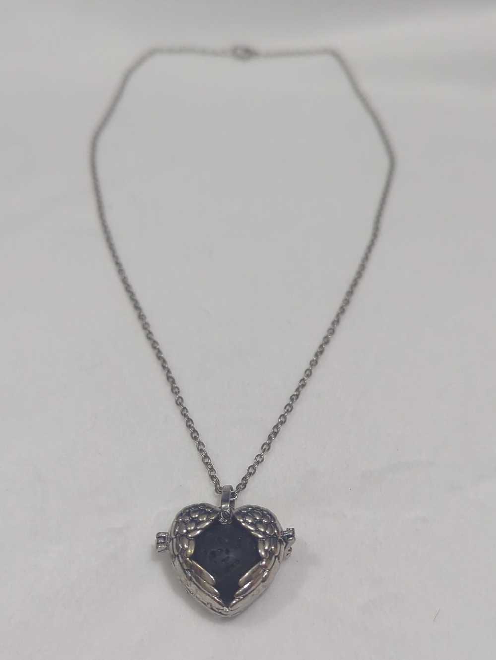 Silver Heart Locket Necklace with Black Inlay